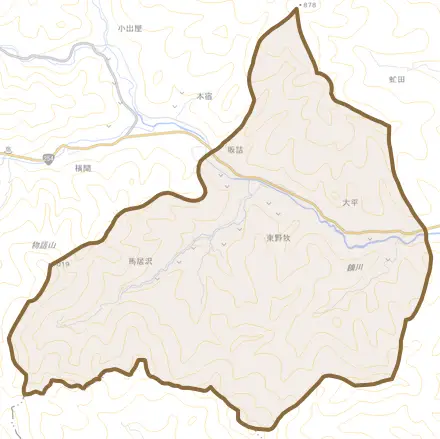 大字東野牧とその周辺の地図。町の範囲を重ねている