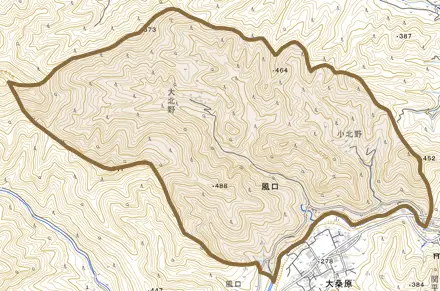 大字風口とその周辺の地図。町の範囲を重ねている