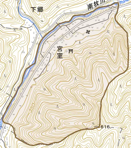 大字宮室とその周辺の地図。町の範囲を重ねている