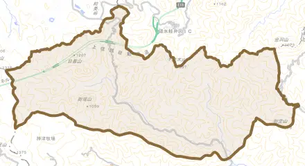 大字西野牧とその周辺の地図。町の範囲を重ねている