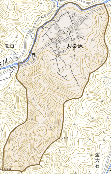 大字大桑原とその周辺の地図。町の範囲を重ねている