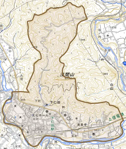 大字下仁田とその周辺の地図。町の範囲を重ねている