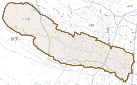 大字山子田とその周辺の地図。町の範囲を重ねている
