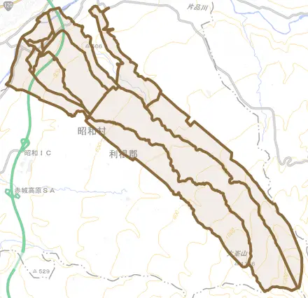 大字糸井とその周辺の地図。町の範囲を重ねている