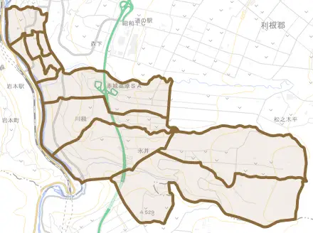 大字川額とその周辺の地図。町の範囲を重ねている