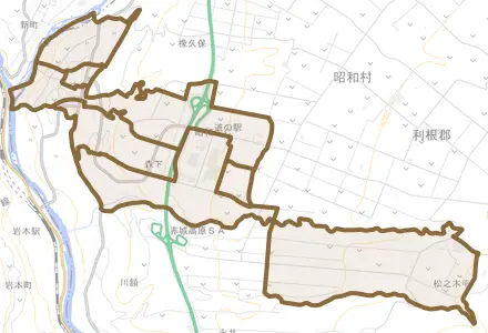 大字森下とその周辺の地図。町の範囲を重ねている
