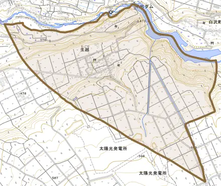 大字生越とその周辺の地図。町の範囲を重ねている
