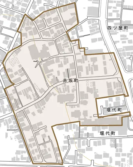 赤坂町とその周辺の地図。町の範囲を重ねている