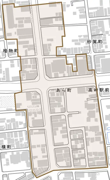 あら町とその周辺の地図。町の範囲を重ねている