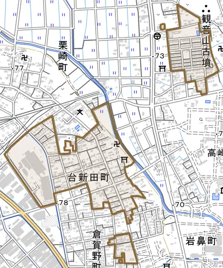 台新田町とその周辺の地図。町の範囲を重ねている