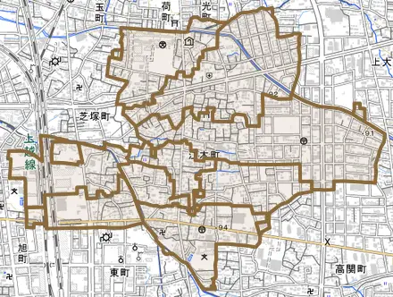 江木町とその周辺の地図。町の範囲を重ねている