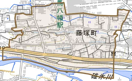 藤塚町とその周辺の地図。町の範囲を重ねている