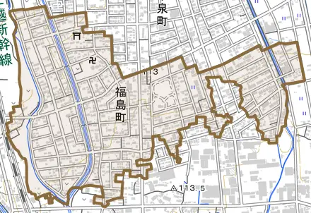 福島町とその周辺の地図。町の範囲を重ねている