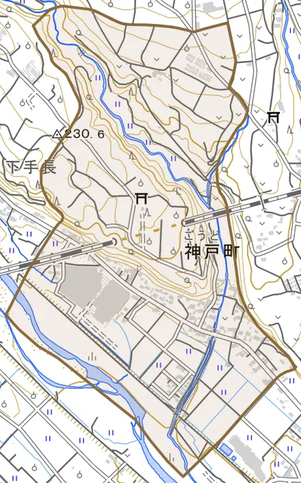 神戸町とその周辺の地図。町の範囲を重ねている