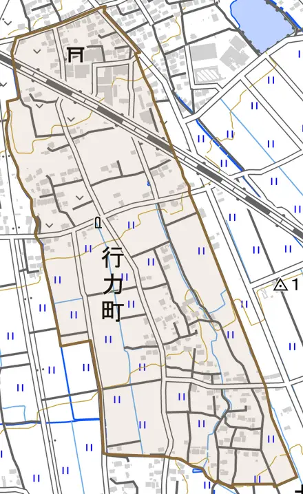 行力町とその周辺の地図。町の範囲を重ねている