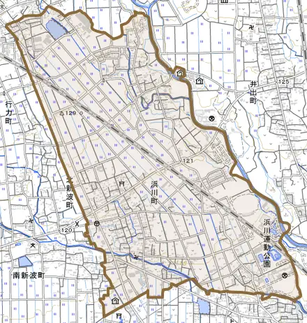 浜川町とその周辺の地図。町の範囲を重ねている