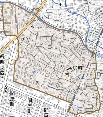 浜尻町とその周辺の地図。町の範囲を重ねている