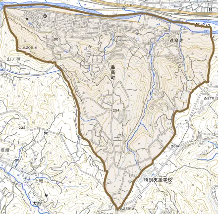 鼻高町とその周辺の地図。町の範囲を重ねている