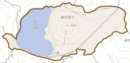 榛名湖町とその周辺の地図。町の範囲を重ねている