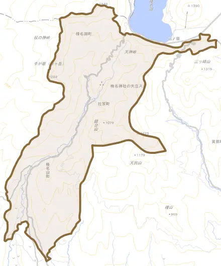榛名山町とその周辺の地図。町の範囲を重ねている