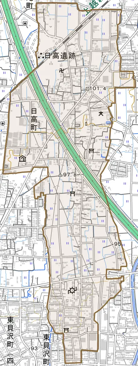 日高町とその周辺の地図。町の範囲を重ねている