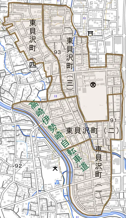 東貝沢町とその周辺の地図。町の範囲を重ねている