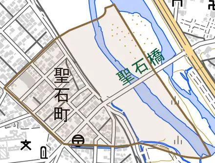 聖石町とその周辺の地図。町の範囲を重ねている