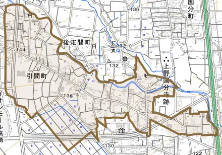 引間町とその周辺の地図。町の範囲を重ねている