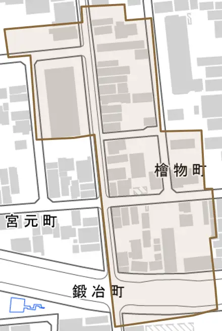 檜物町とその周辺の地図。町の範囲を重ねている