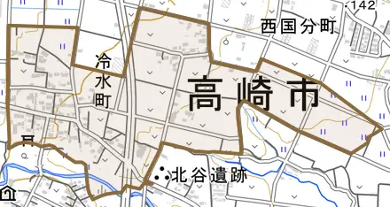 冷水町とその周辺の地図。町の範囲を重ねている