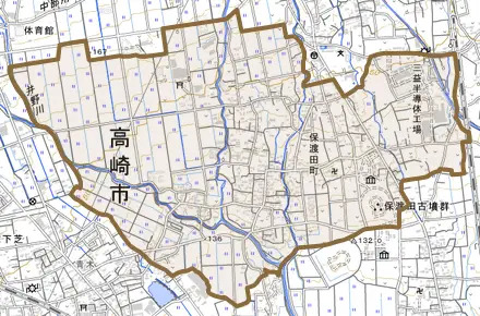 保渡田町とその周辺の地図。町の範囲を重ねている