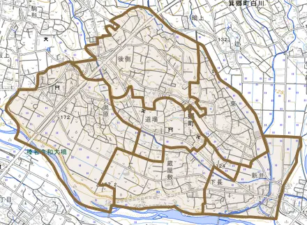 本郷町とその周辺の地図。町の範囲を重ねている