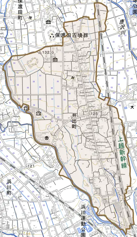 井出町とその周辺の地図。町の範囲を重ねている