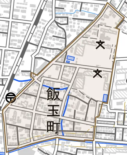 飯玉町とその周辺の地図。町の範囲を重ねている
