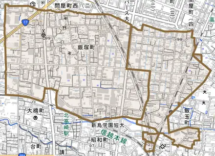 飯塚町とその周辺の地図。町の範囲を重ねている