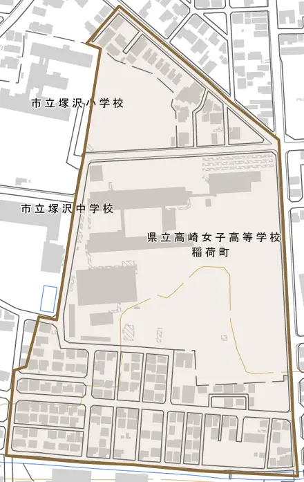 稲荷町とその周辺の地図。町の範囲を重ねている