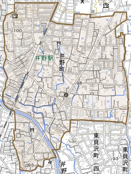 井野町とその周辺の地図。町の範囲を重ねている