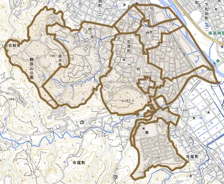 石原町とその周辺の地図。町の範囲を重ねている