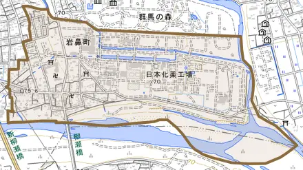 岩鼻町とその周辺の地図。町の範囲を重ねている