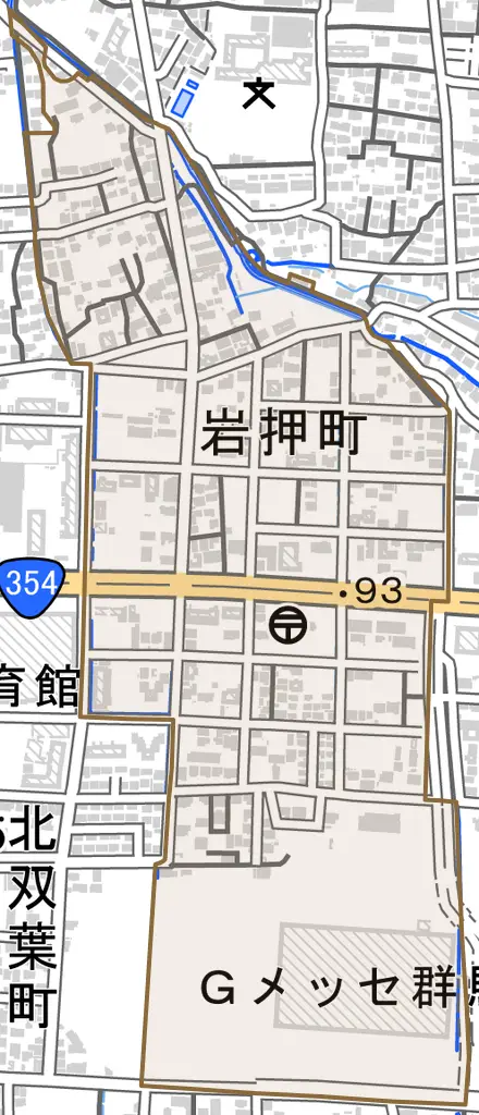 岩押町とその周辺の地図。町の範囲を重ねている