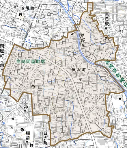 貝沢町とその周辺の地図。町の範囲を重ねている