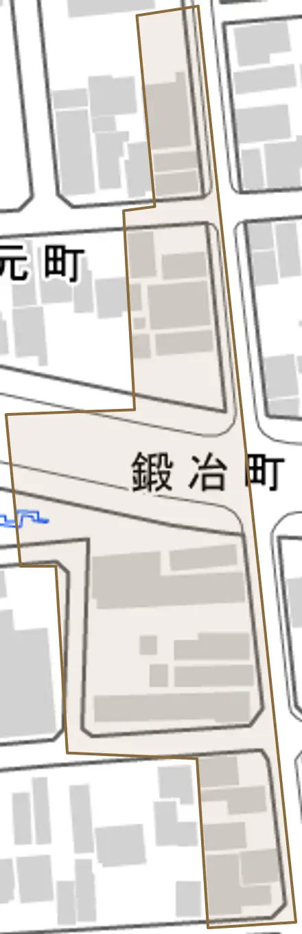 鍛冶町とその周辺の地図。町の範囲を重ねている
