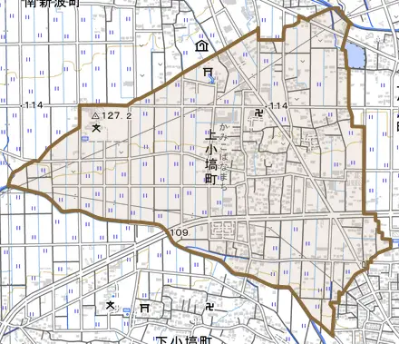 上小塙町とその周辺の地図。町の範囲を重ねている