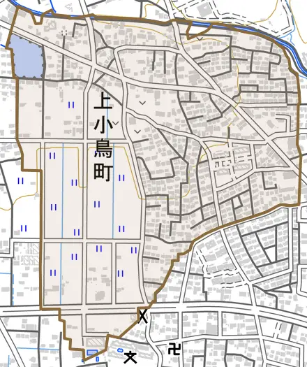 上小鳥町とその周辺の地図。町の範囲を重ねている