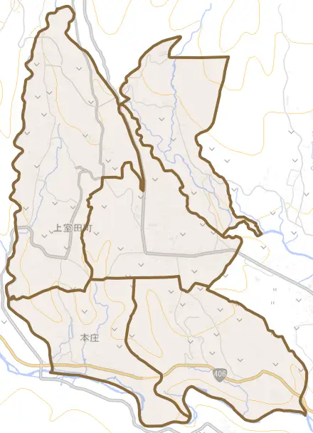 上室田町とその周辺の地図。町の範囲を重ねている