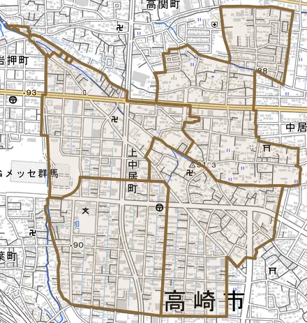 上中居町とその周辺の地図。町の範囲を重ねている