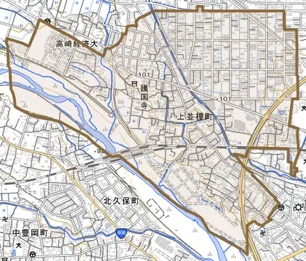 上並榎町とその周辺の地図。町の範囲を重ねている