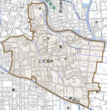 上大類町とその周辺の地図。町の範囲を重ねている