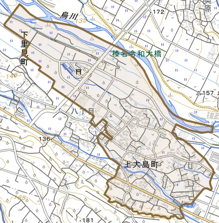 上大島町とその周辺の地図。町の範囲を重ねている