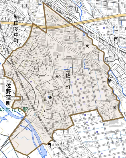 上佐野町とその周辺の地図。町の範囲を重ねている